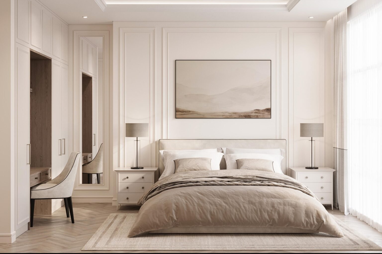 Custom bedroom furniture set by NEXTOP in villa including bed, wardrobes and side tables