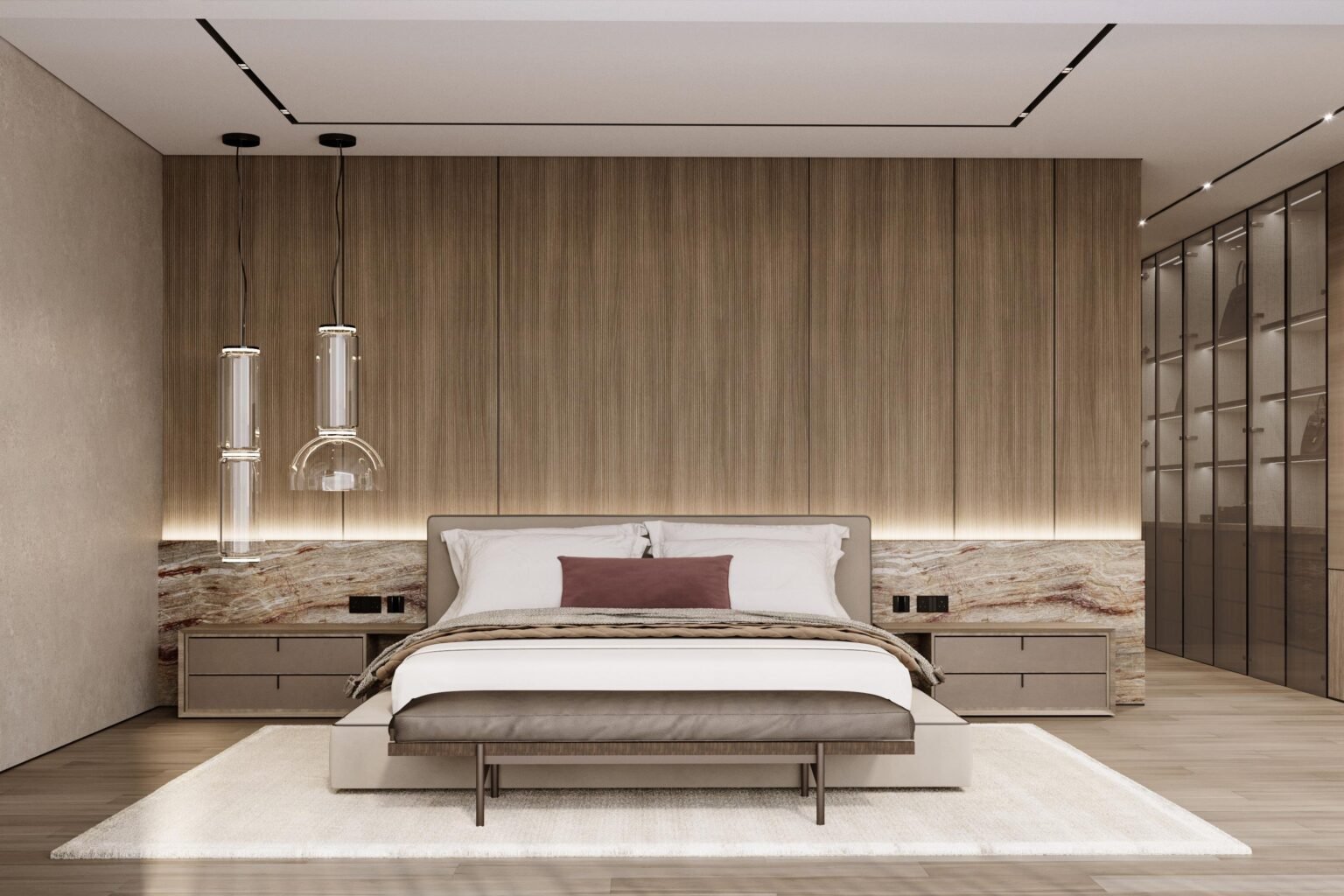 Custom bedroom furniture set by NEXTOP in a luxury villa bedroom