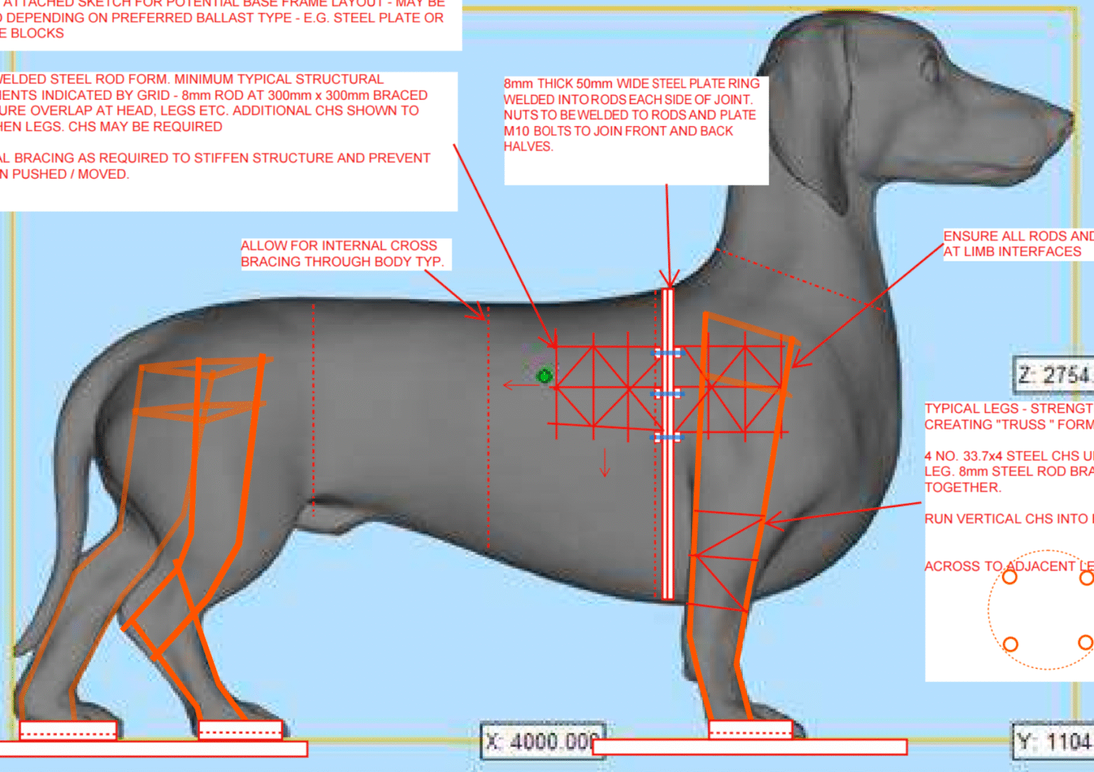 Technical drawings and renderings of a dog metal sculpture by NEXTOP
