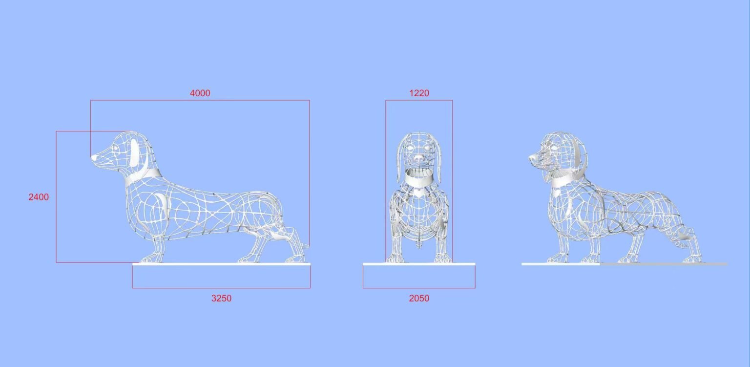 Engineering and fabrication drawings of a dog metal sculpture by NEXTOP