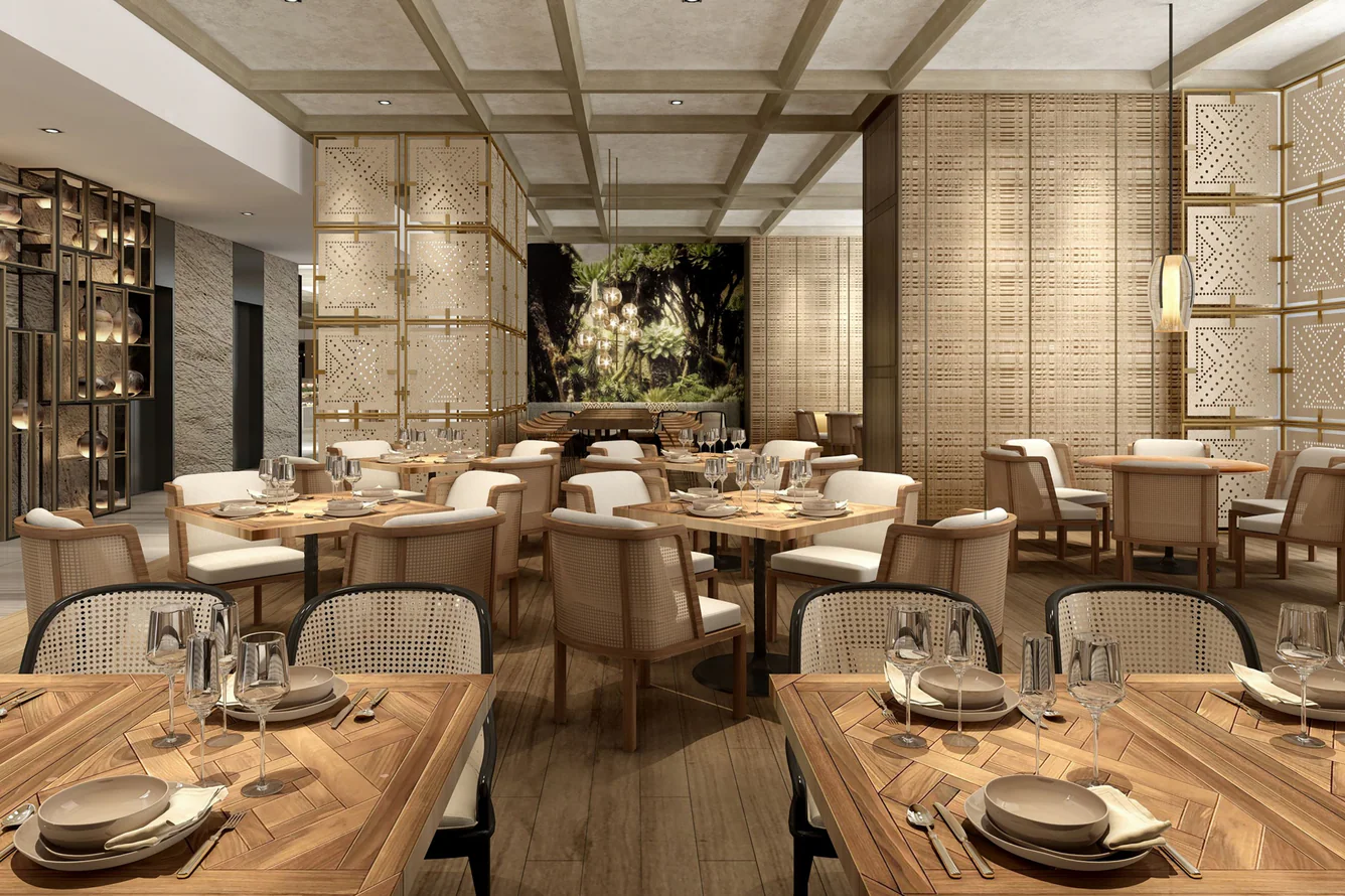 Custom dining tables, chairs and metal works by NEXTOP in a hotel restaurant in the Middle East